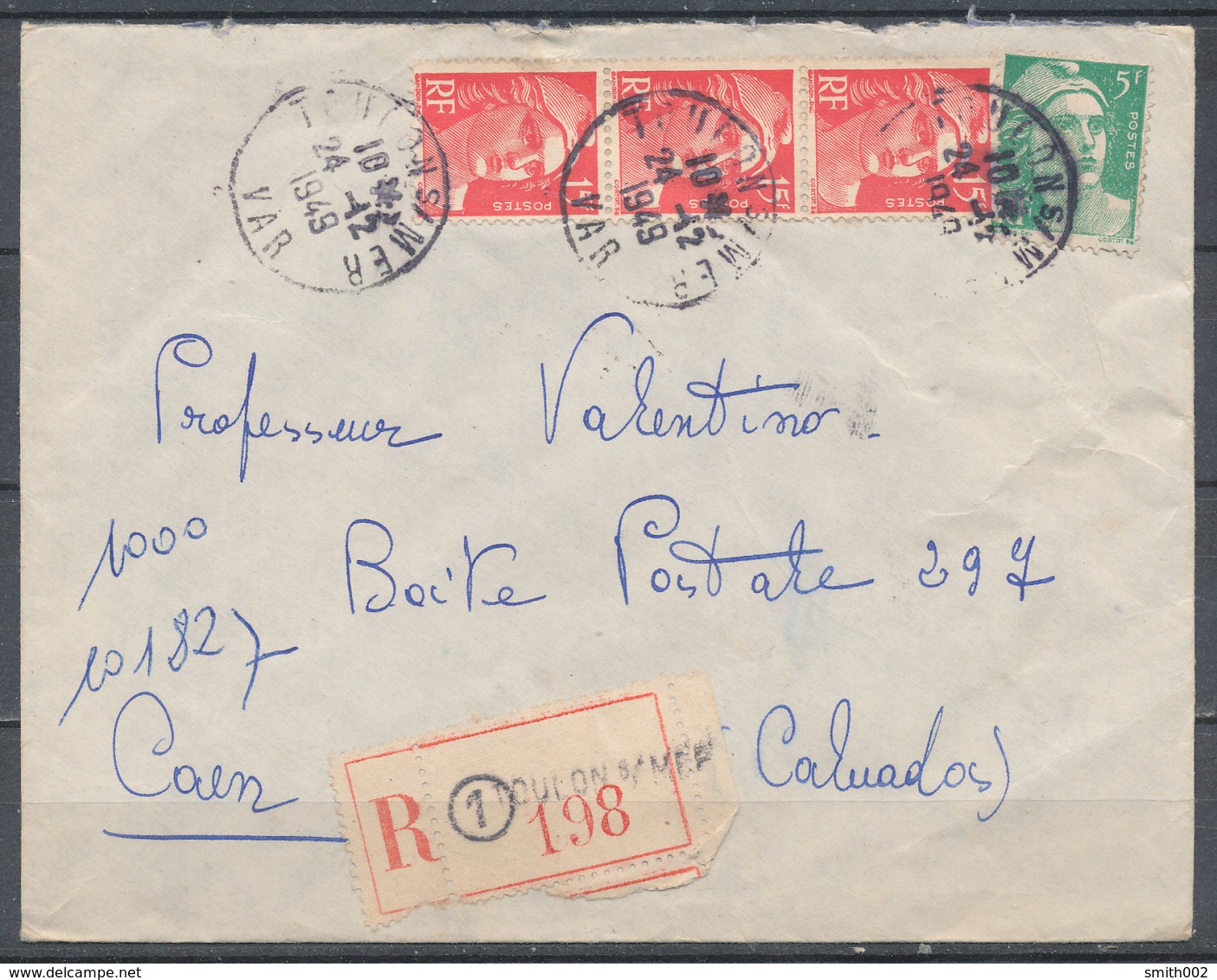 FRANCE - 24.12.1949, Reco Cover From TOULON SUR MER (Var) To CAEN (Calvados) - 1921-1960: Modern Period