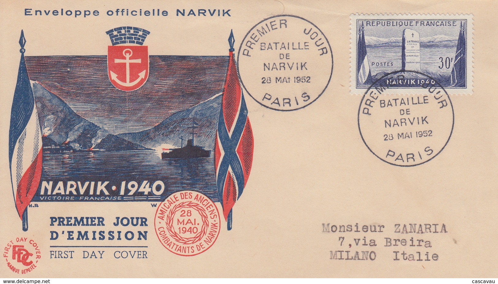 Enveloppe  FDC  1er  Jour    FRANCE   Bataille  De   NARVIK   1952 - 1950-1959