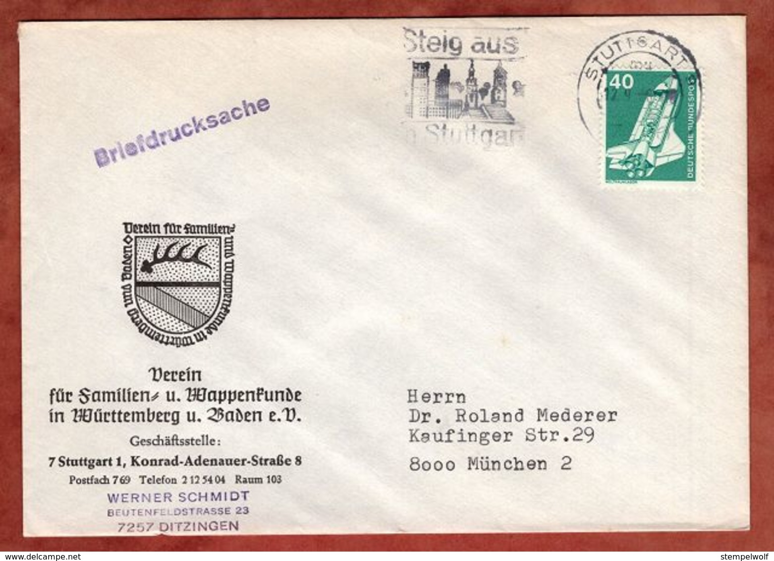 Briefdrucksache, Verein Fuer Wappenkunde, Weltraumlabor, MS Steig Aus In Stuttgart, Nach Muenchen 1976 (77214) - Briefe U. Dokumente