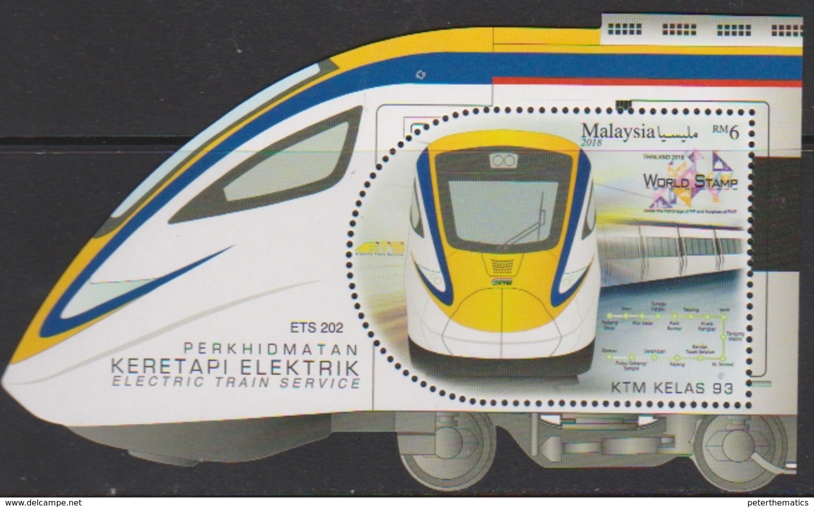 MALAYSIA, 2019, TRAINS, WORLD STAMP EXHIBITION OVERPRINT, TRAINED-SHAPED S/SHEET - Trenes