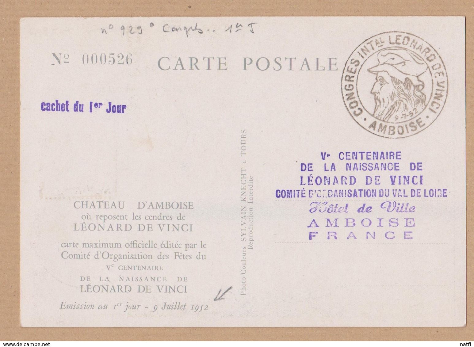 CARTE  9/7/1952/  CONGRES AMBOISE LEONARD DE VINCI COTE 850  OU FAIRE OFFRE - 1950-1959