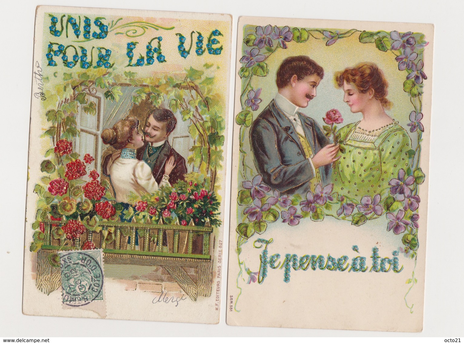 2 Cartes Fantaisie Gaufrées / Couples , Fleurs : Je Pense à Toi ; Unis Pour La Vie - Couples