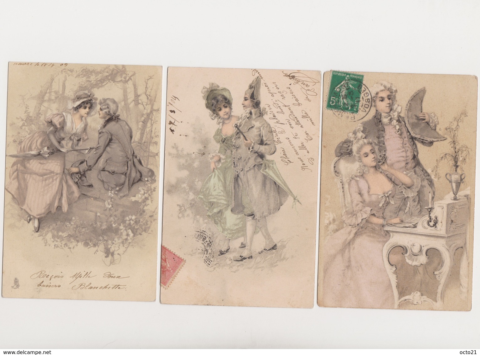 5 Cartes Fantaisie Dessinées  / Couples En Costume Directoire - Couples