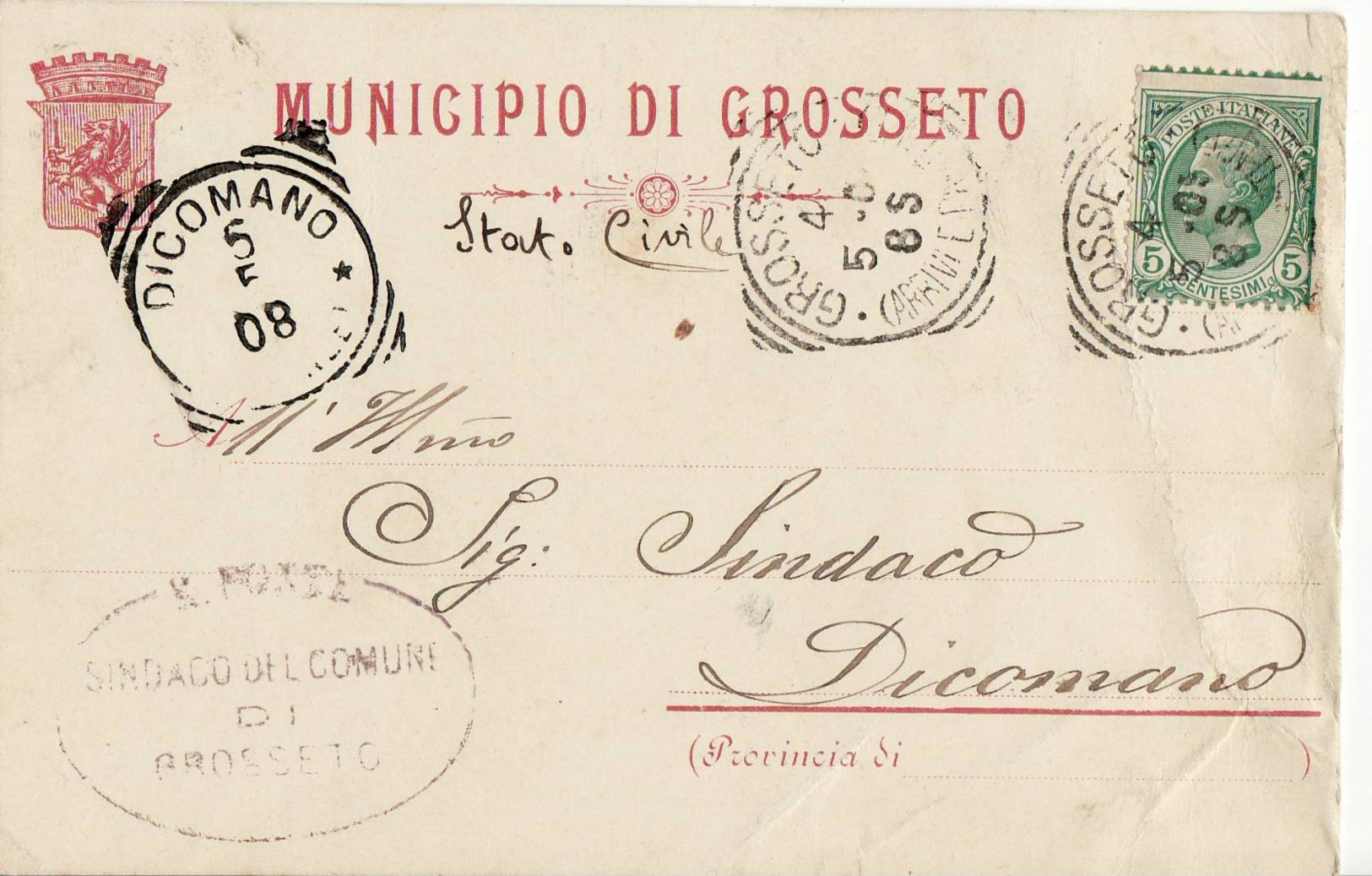 3718 GROSSETO MUNICIPIO 1908 X DICOMANO FIRENZE - Storia Postale