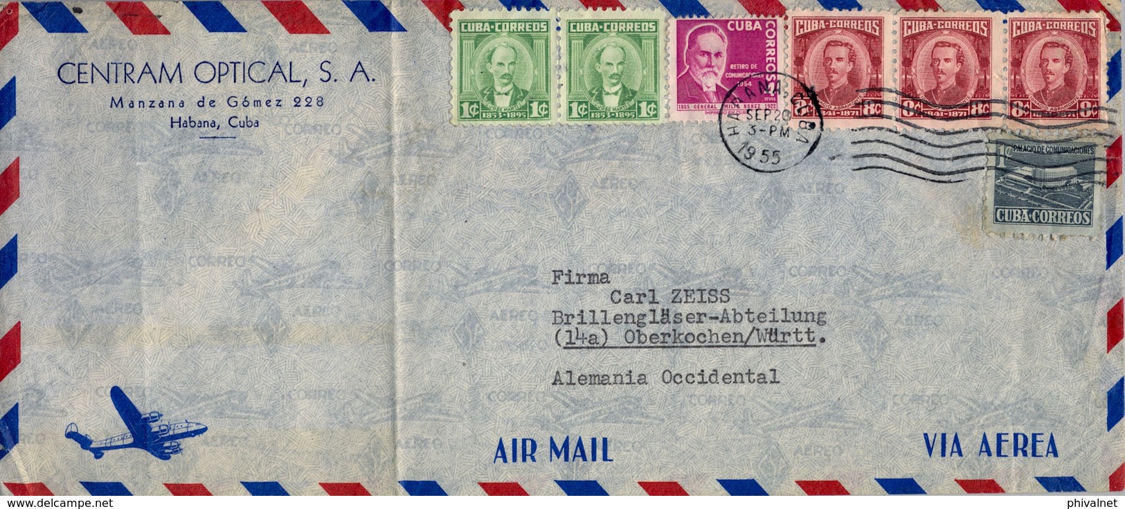 1955 CUBA  . LA HABANA - OBERKOCHEN ( CARL ZEISS ) , SOBRE CIRCULADO , CORREO AÉREO - Covers & Documents