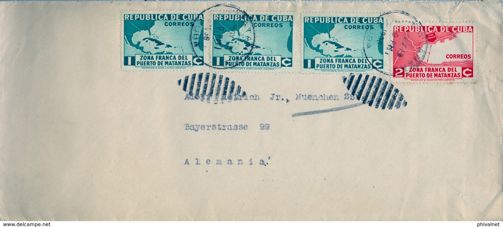 1936 , CUBA , SOBRE CIRCULADO , MATANZAS - MÜNICH , FRANQUEO ZONA FRANCA DEL PUERTO - Storia Postale