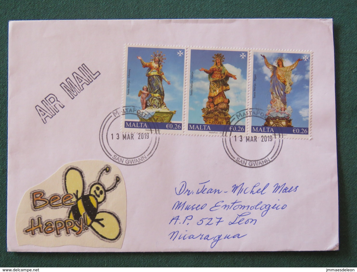 Malta 2019 Cover To Nicaragua - Santa Maria Statues (strip Of 3) - Bee Happy - Malte