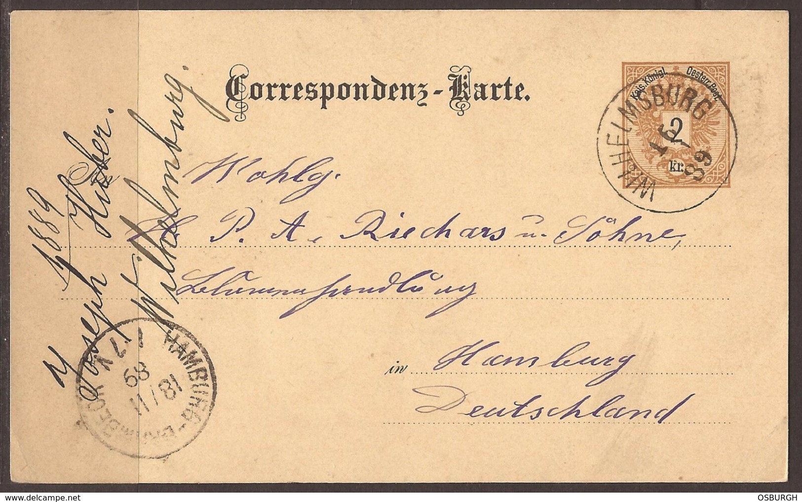 AUSTRIA.1889. POSTMARK WILHELMSBURG. 2kr USED CARD TO GERMANY/ HAMBERG BARMBECK ARRIVAL. - Covers & Documents