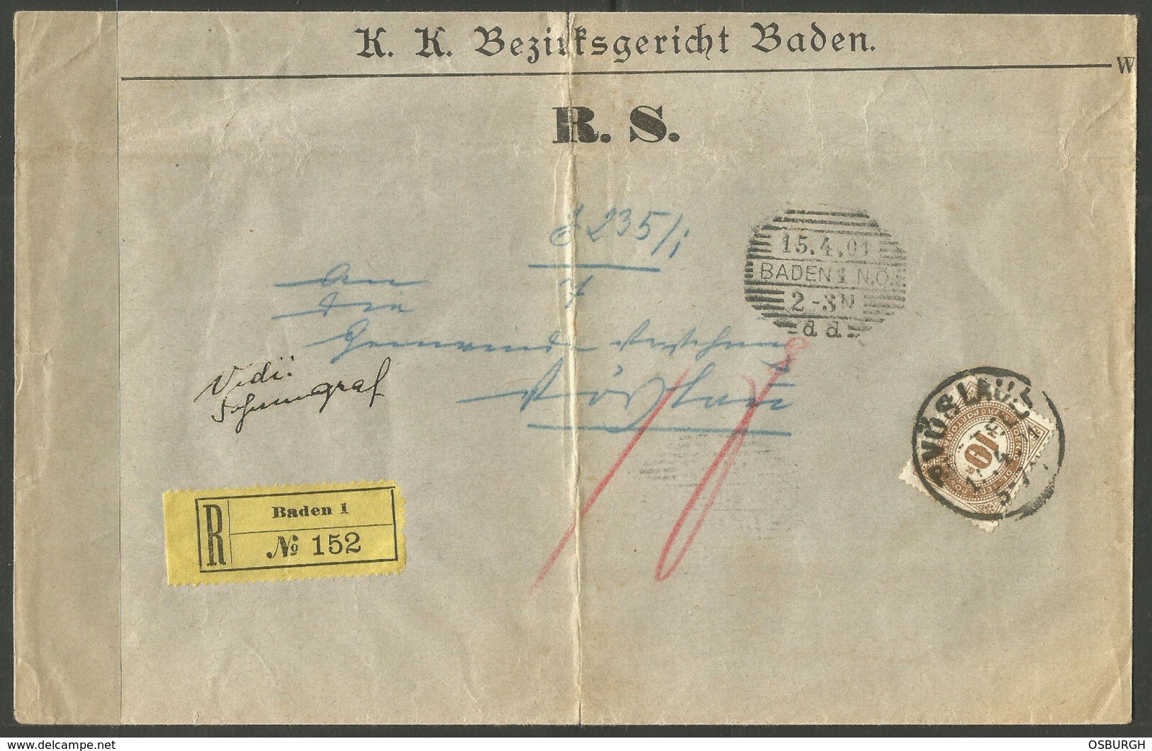 AUSTRIA. 1901. REGISTERED POSTAGE DUE COVER. BADEN DISTRICT COURT. CANCELLED IN VOSLAU. ARRIVAL ON REVERSE. - Covers & Documents