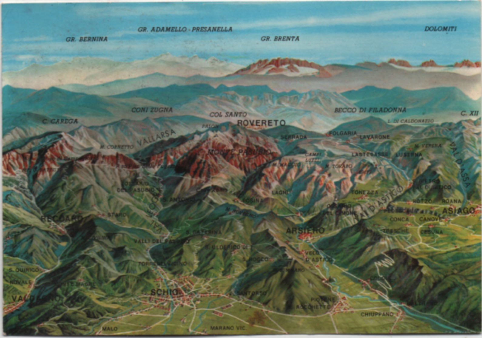 Cartina Geografica Del Gruppo Del Pasubio Con Schio, Arsiero, Rovereto, Recoaro, Tonezza, Ecc. Viaggiata 1981 - Mapas