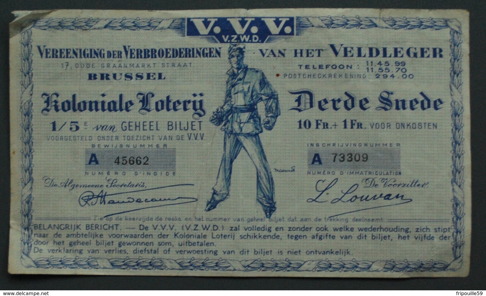 Loterie Coloniale - 1/5è De Billet - 10Frs+1 -Union Des Fraternelles De L'Armée De Campagne - UFAC - VVV - Vers 1950 - Billets De Loterie