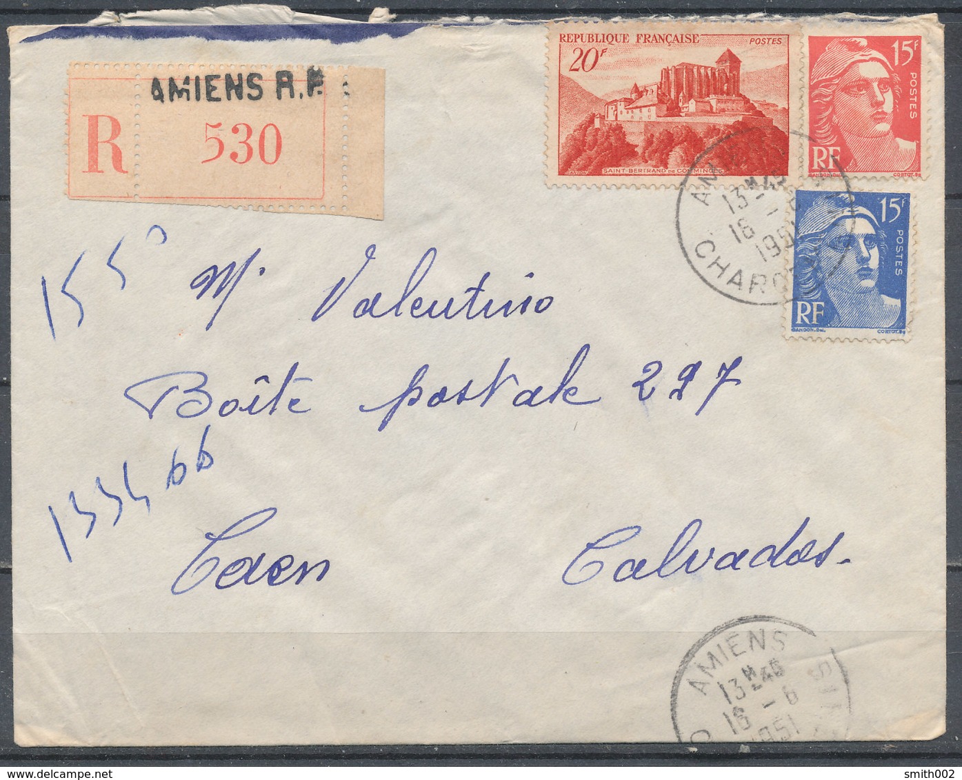 FRANCE - 18.6.1951, Reco Cover From AMIENS To CAEN (Calvados) - 1921-1960: Modern Period
