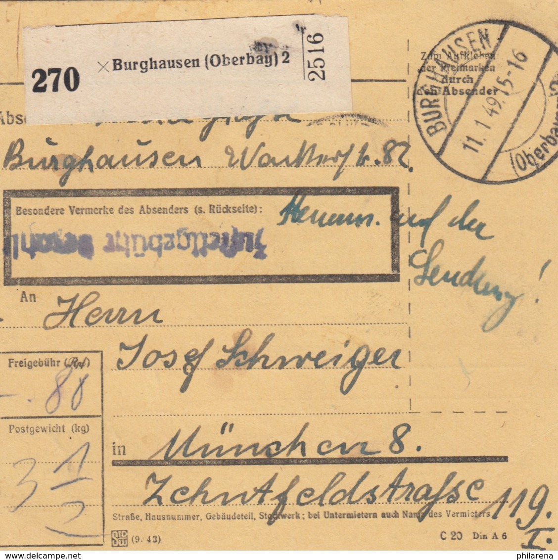 BiZone Paketkarte 1949: Burghausen Nach München, Inhalt - Auf Der Sendung !!! - Autres & Non Classés