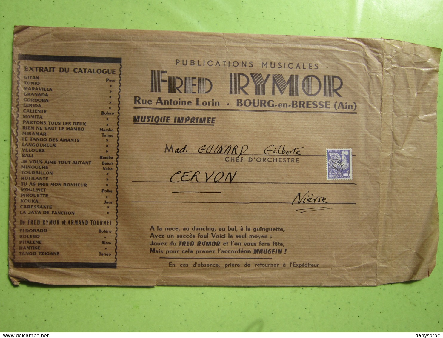 ACCORDEONS MAUGEIN à TULLE (19) Fred RYMOR à BOURG-en-BRESE (01) Timbre Préoblitéré Type Coq 008 Ct, Enveloppe Publicité - 1964-1988