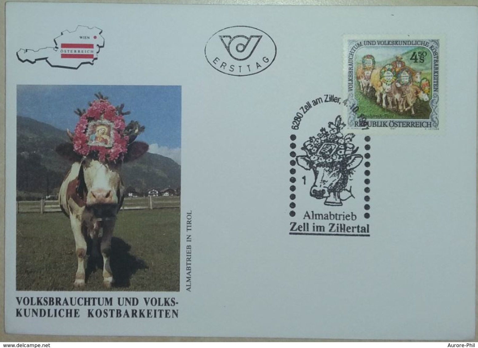 FDC Nr 204 Autriche Osterreich Zell Im Zillertal 4.10.1991 (Vache, Bovin) - Cows