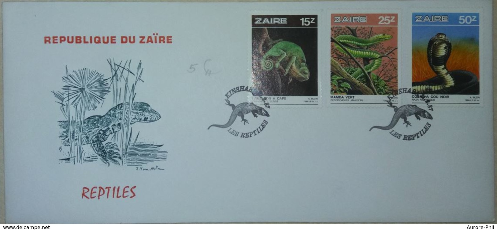 FDC Republica Du Zaïre Reptiles, Lézard, Serpents Cobra, Caméléon 1986 - Serpents