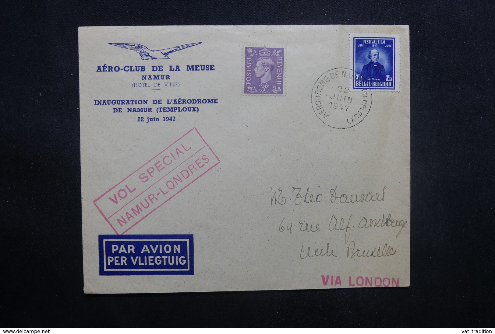 BELGIQUE - Enveloppe Par Vol Spécial Namur / Londres En 1947, Affranchissement Plaisant - L 37157 - Storia Postale