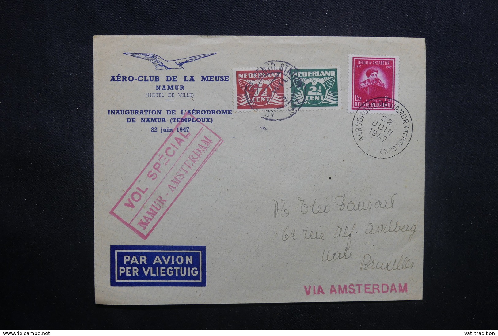 BELGIQUE - Enveloppe Par Vol Spécial Namur / Amsterdam En 1947, Affranchissement Plaisant - L 37159 - Storia Postale