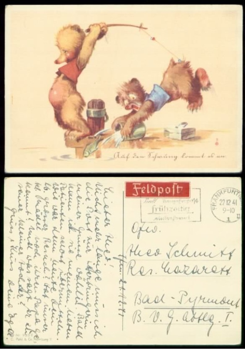 14441 DR Feldpost Teddy Bären Angeln Karte Frankfurt - Bad Pyrmont 1941 , Bedarfserhaltung. - Lettres & Documents