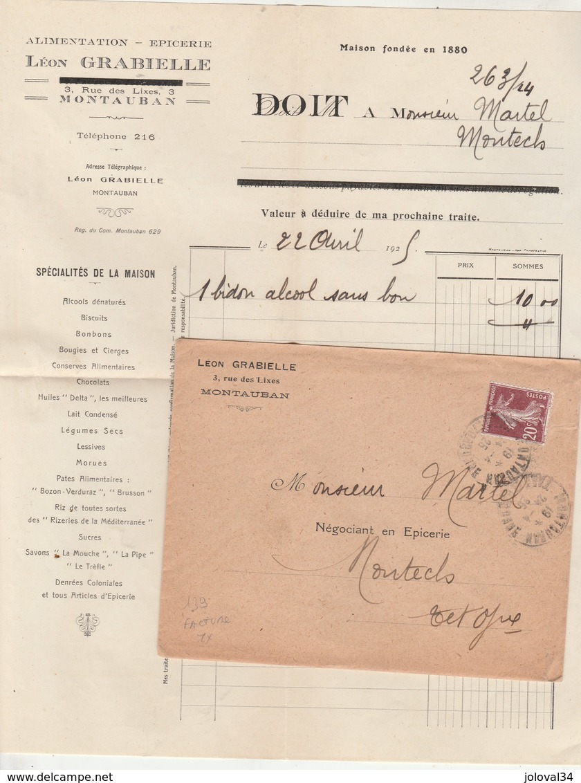 Yvert 139 Semeuse Lettre Avec Facture Entête GRABIELLE MONTAUBAN Tarn Et Garonne 24/4/1925 à Montech - Briefe U. Dokumente