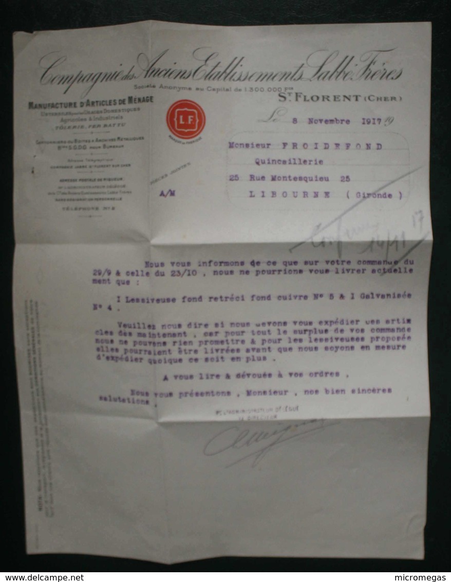 SAINT-FLORENT (Cher) - Anciens Etablissements LABBE Frères - Lot De 5 Factures Et Correspondance Commerciale - 1900 – 1949