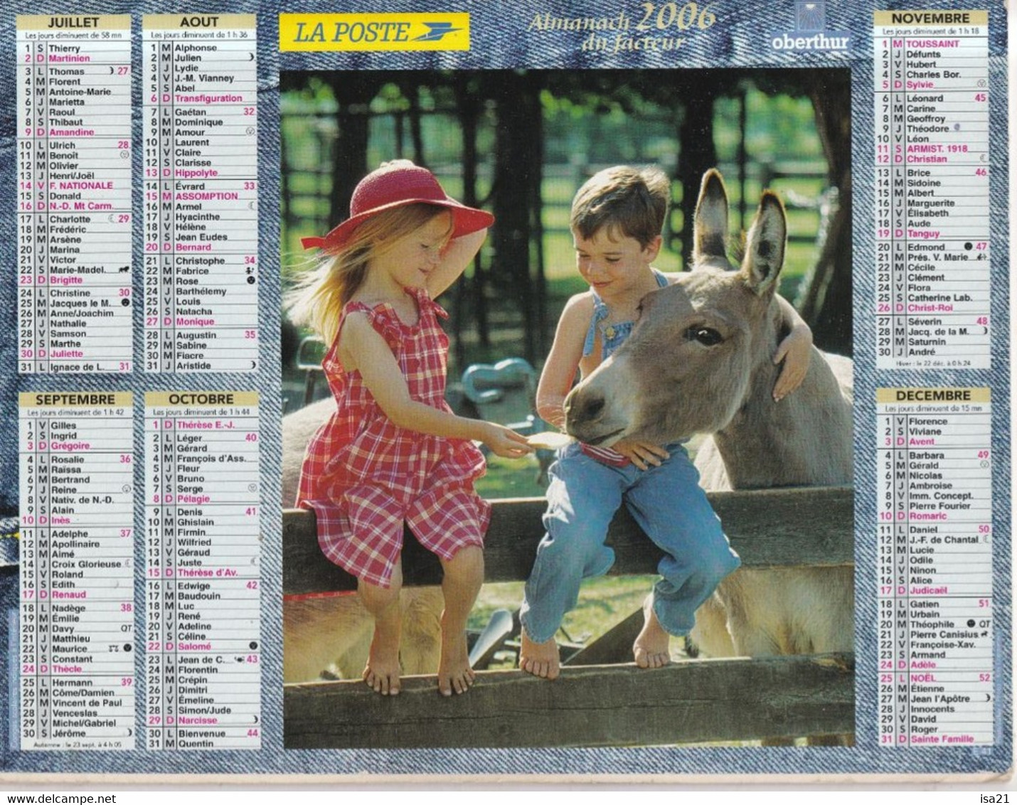 Grand format : 2001- - Calendrier des Postes PTT 2006, SEINE-MARITIME,  enfants et chiens, enfants et âne, 2 photos sur carton souple