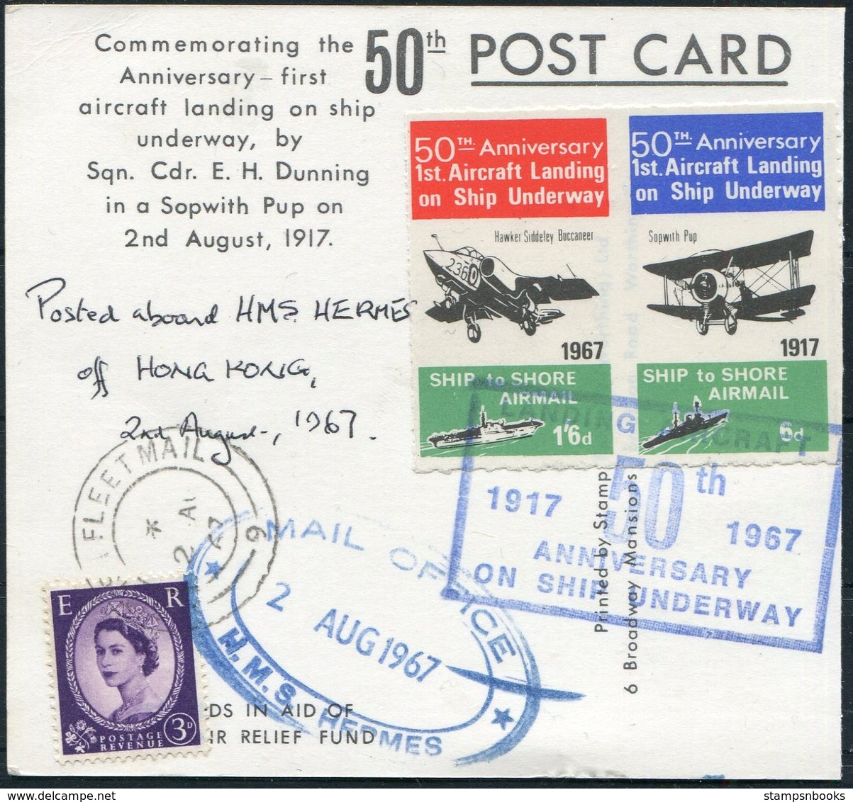 1967 Sopwith Pup HMS Furious 1917 Ship To Shore Airmail Letter Stamp Postcards X 2 (+1/2!). Hermes Hong Kong, Fleet Mail - Covers & Documents