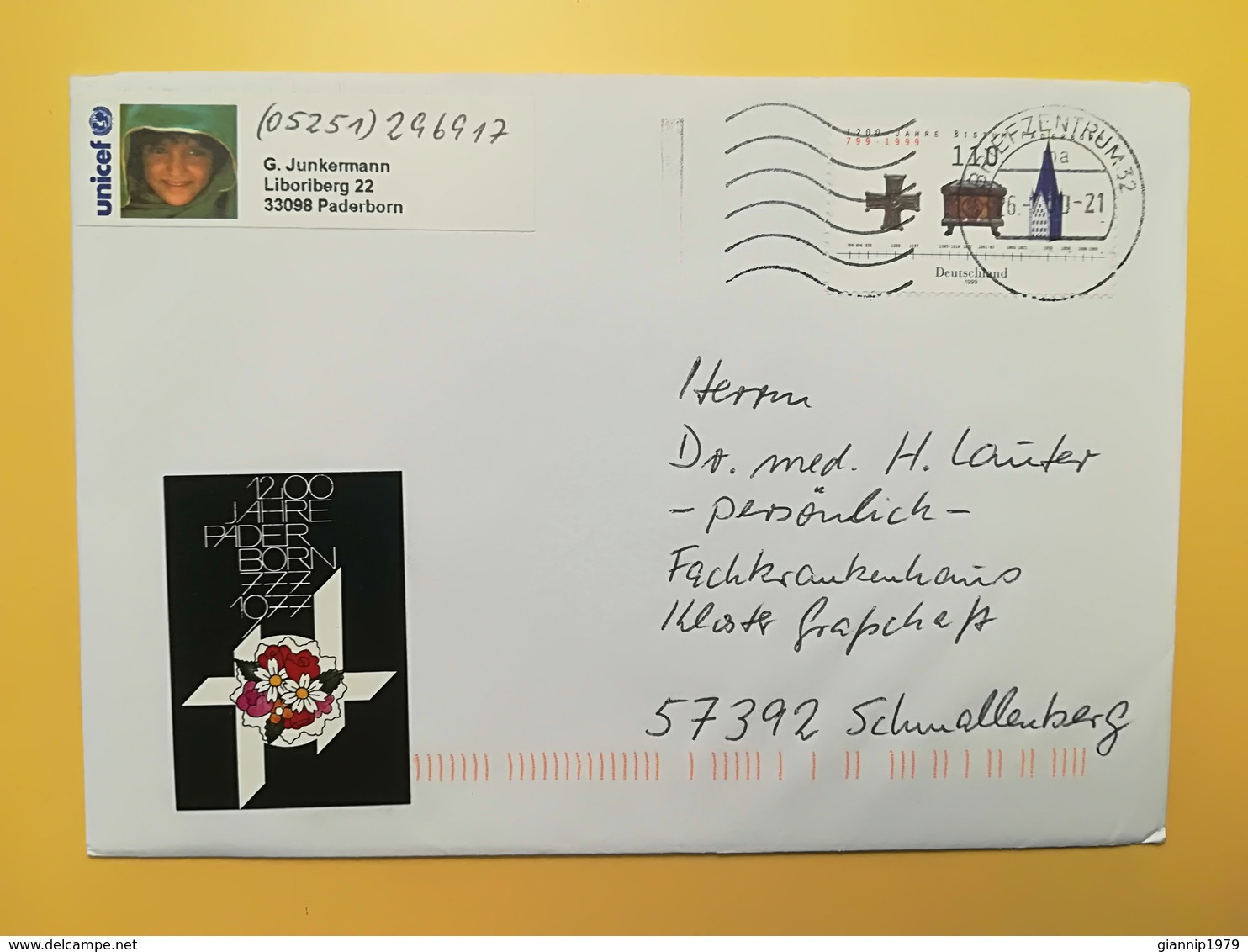 2000 BUSTA GERMANIA DEUTSCHE BOLLO BISTUM PADERBORN ANNULLO BRIEFZENTRUM 32  GERMANY - Storia Postale