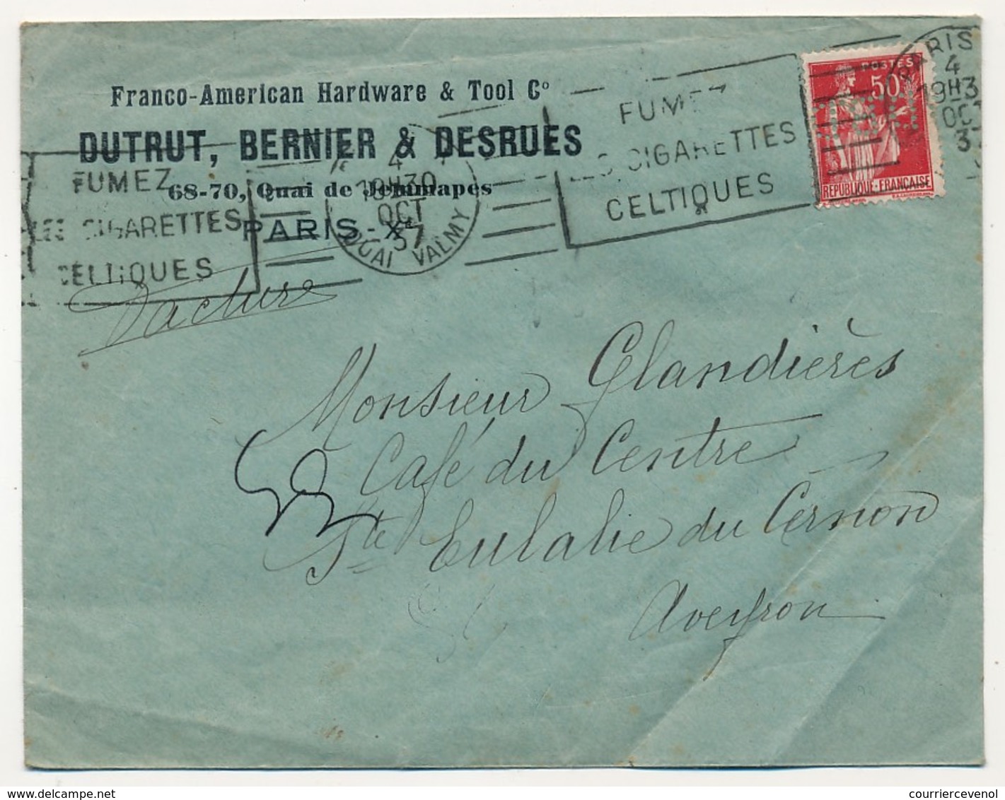 FRANCE - 50c Paix Perforé D.B.D Sur Env. Dutrut, Bernier & Desrues - Paris 1937 - Autres & Non Classés