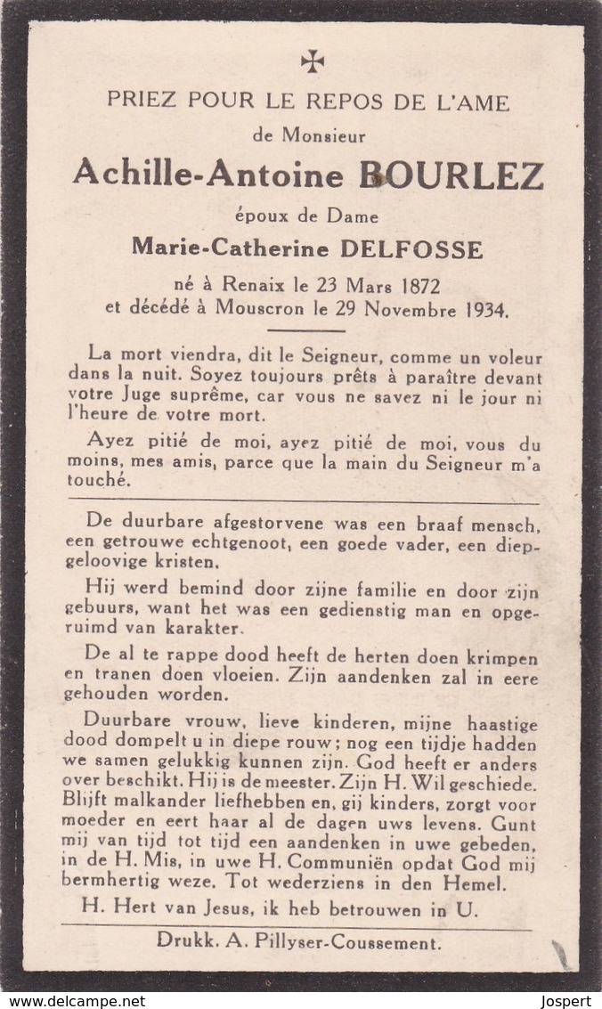 Ronse, Renaix, Mouscron, 1934, Achille Bourlez, Delfosse - Images Religieuses