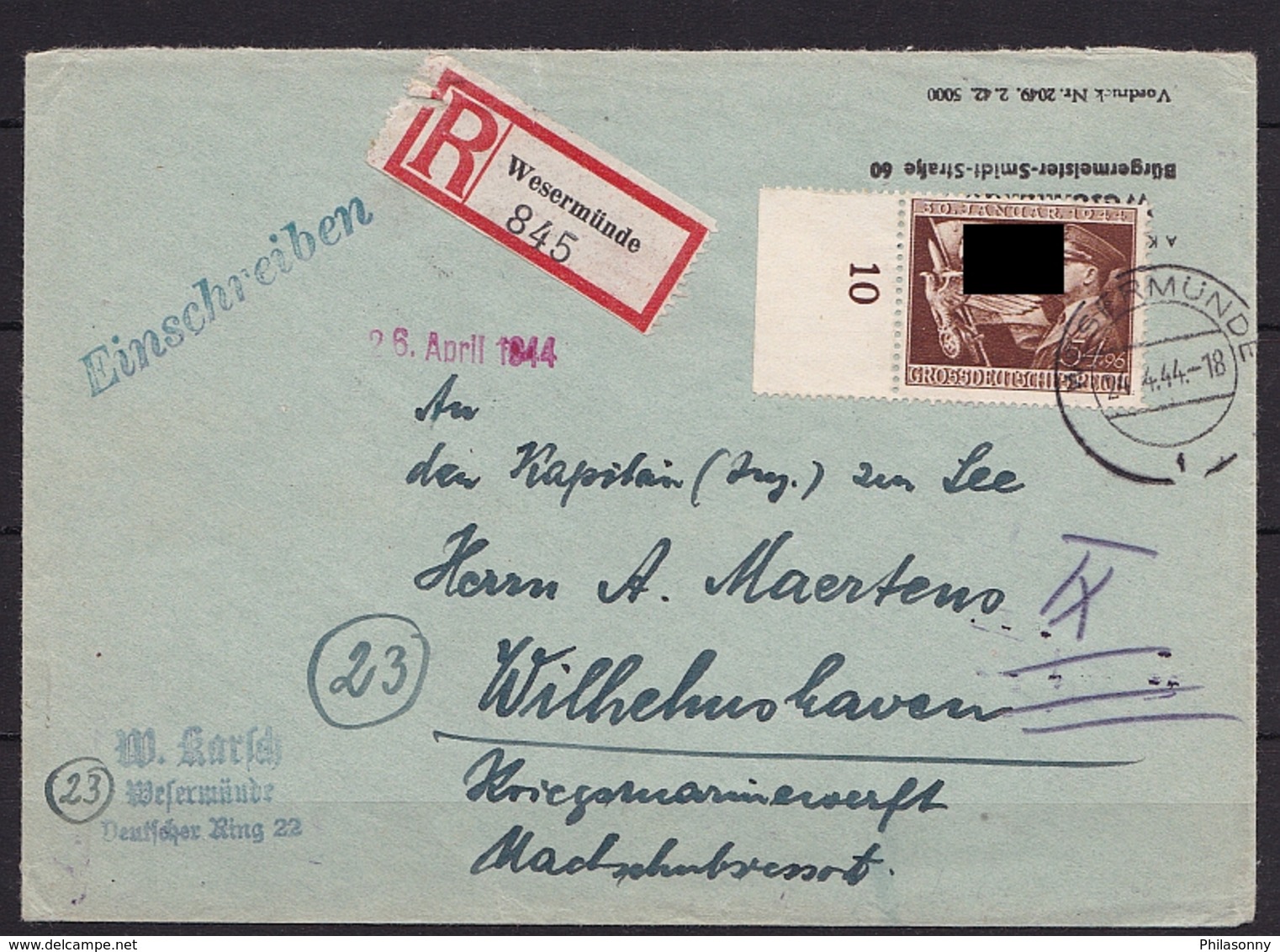 DR EINSCHREIBEN V. WESERMÜNDE Nach WILHELMSHAVEN 24.4.1944 Mi 865 - Covers & Documents