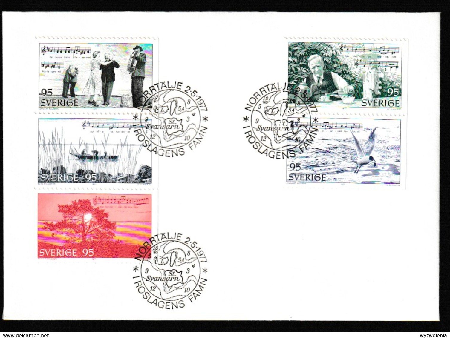 N 256) Schweden 1977 Mi# 983-87 FDC: Tourismus, Noten Mit Text Von Evert Taube Schärengedicht „Calle Schewens Walzer“ - Musik