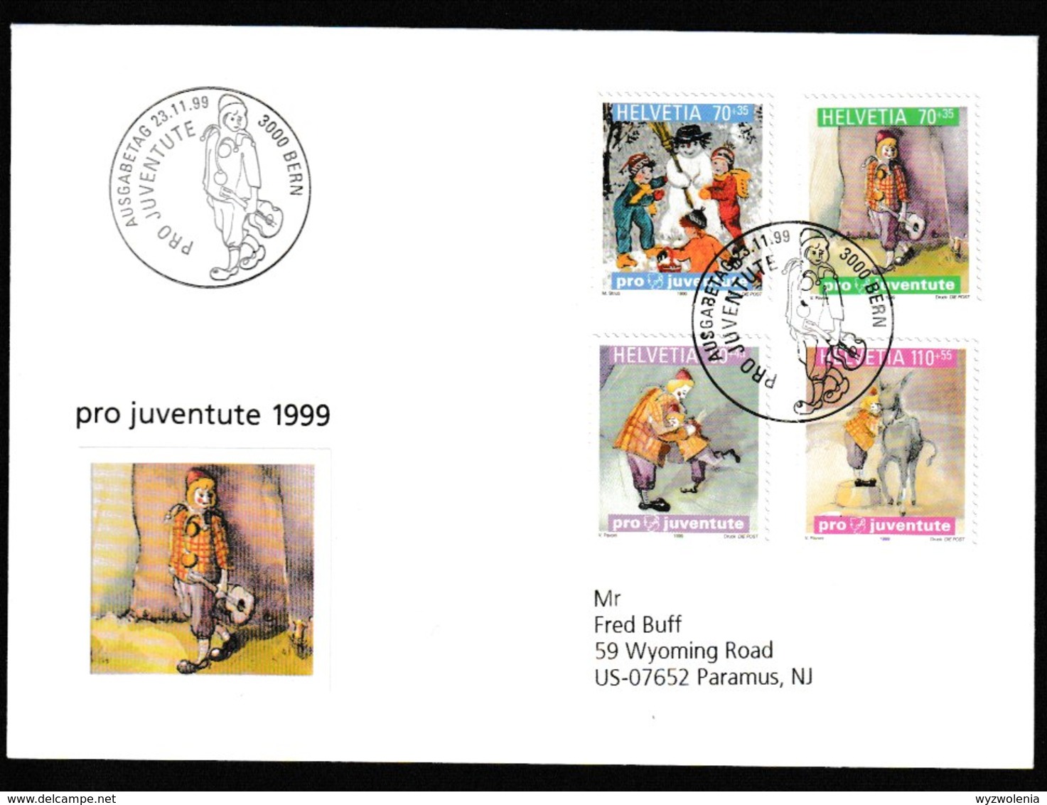 N 257) Schweiz 1999 Mi# 1701-04 FDC: Kinderbücher, U.a. Nicolo, Zelt, Gitarre - Muziek