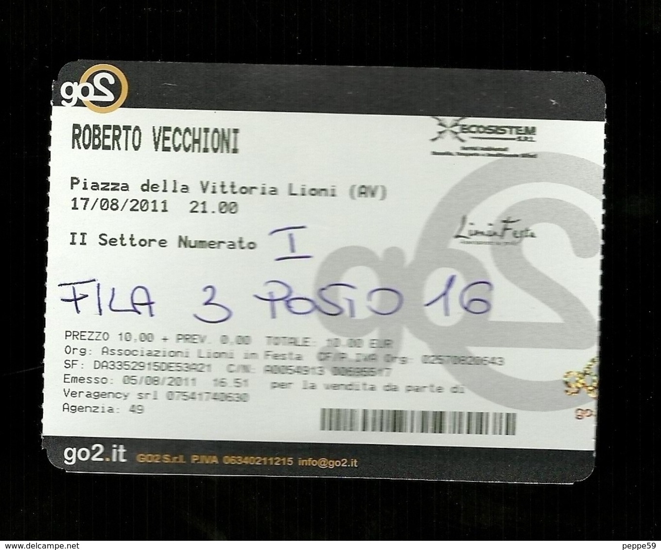 Biglietto Di Ingresso - Concerto Roberto Vecchioni 2011 - Lioni ( Avellino ) - Biglietti Per Concerti