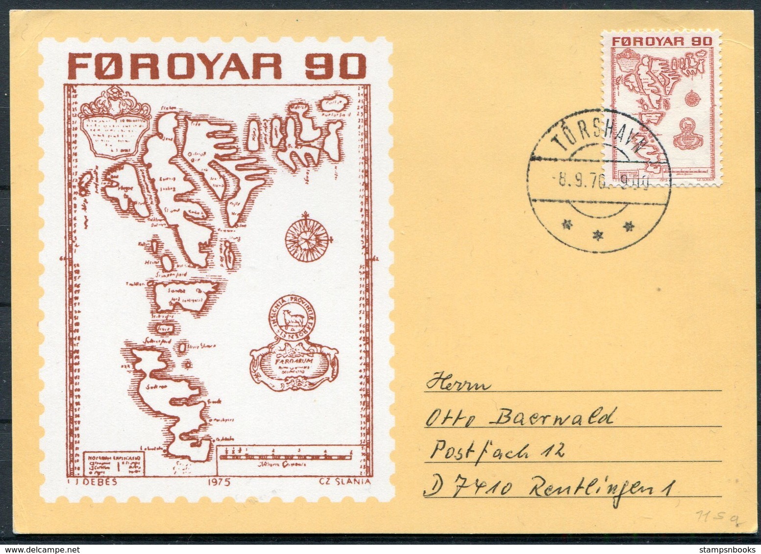1976 Faroe Islands 90 Ore Map Slania Maxicard Postcard - Germany. - Faroe Islands