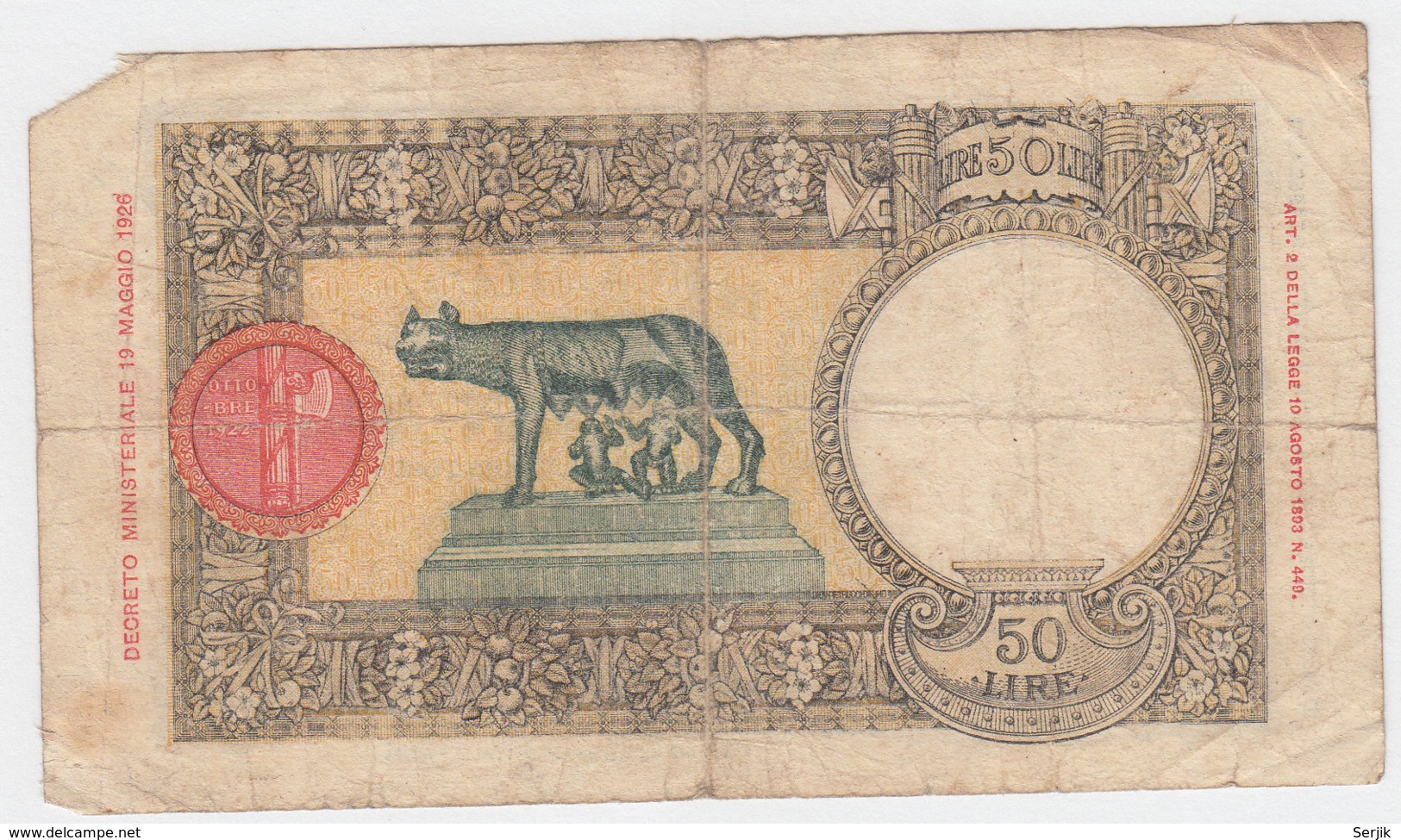 Italy 50 Lire 1940 VG Banknote Pick 54b 54 B - 50 Lire