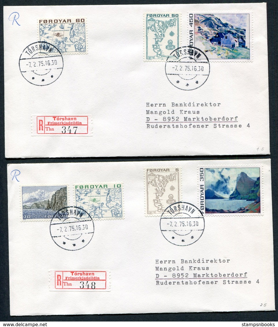 1975 Faroe Islands Maps + Views Definitives. Set Of 14 On 4 Registered Covers - Germany - Faroe Islands