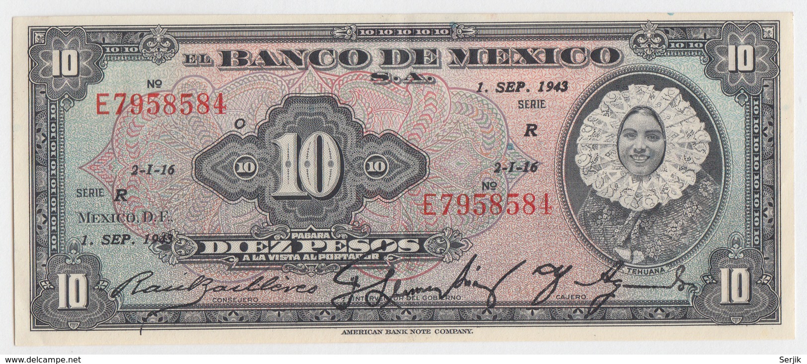 Mexico 10 Pesos 1943 AXF+ Pick 39b  39 B - Mexico
