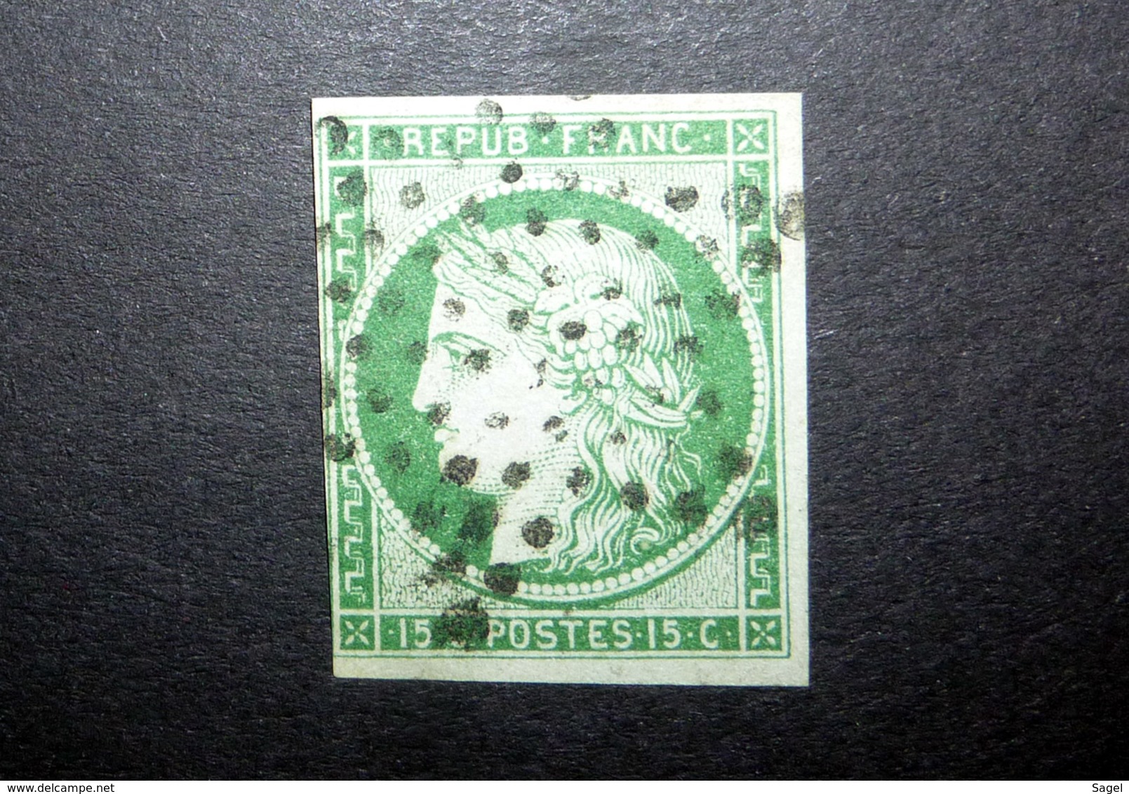 FRANCE 1850 N°2 OBL. ÉTOILE MUETTE (CÉRÈS. IIÈME RÉPUBLIQUE. 15C VERT. LÉGENDE REPUB FRANC. NON DENTELÉ) - 1849-1850 Cérès