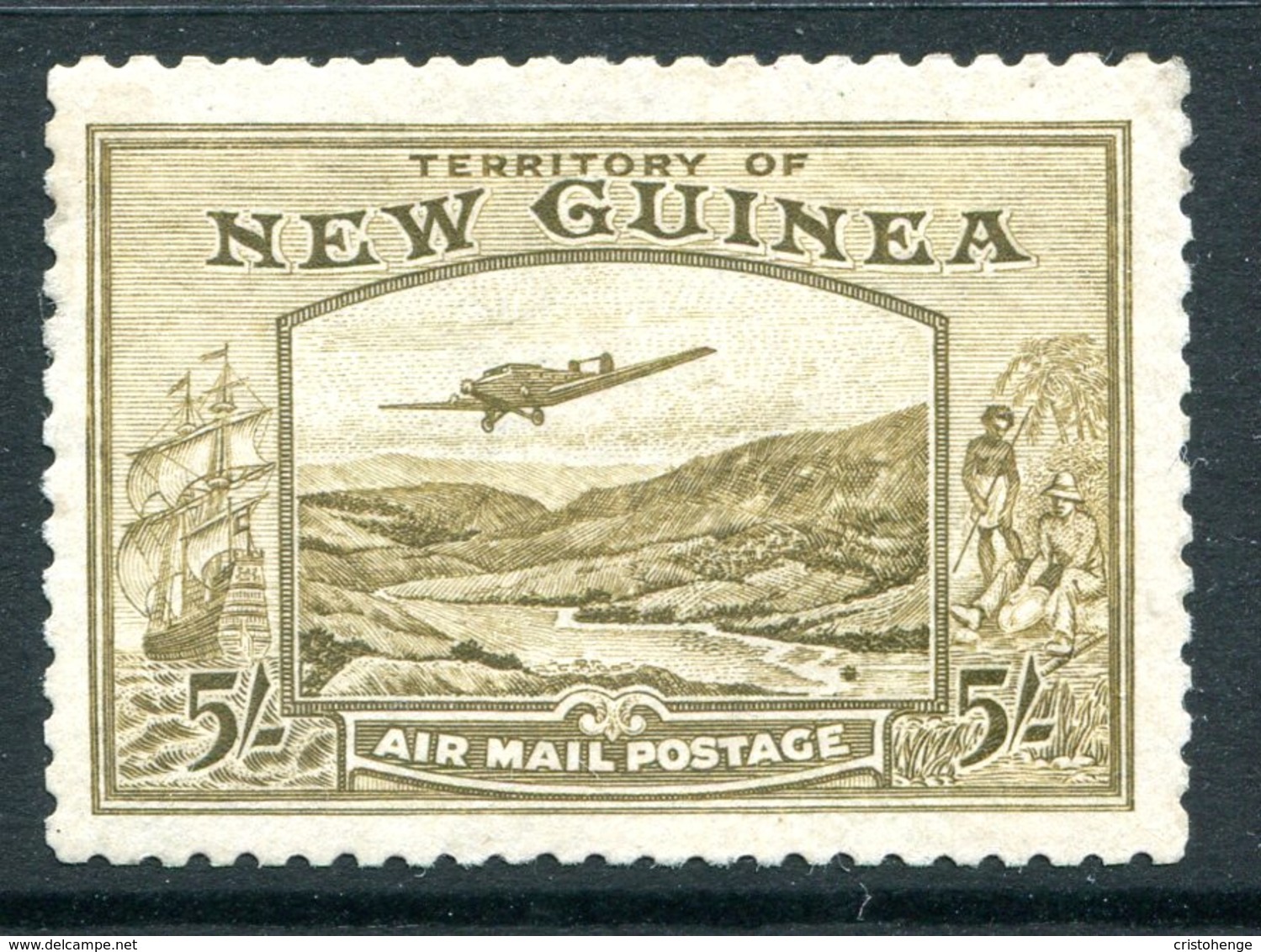 New Guinea 1939 Airmail - 5/- Olive-brown LHM (SG 223) - Papua New Guinea