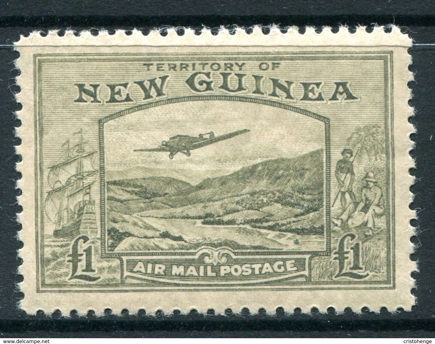 New Guinea 1939 Airmail - £1 Olive-green LHM (SG 225) - Papua New Guinea