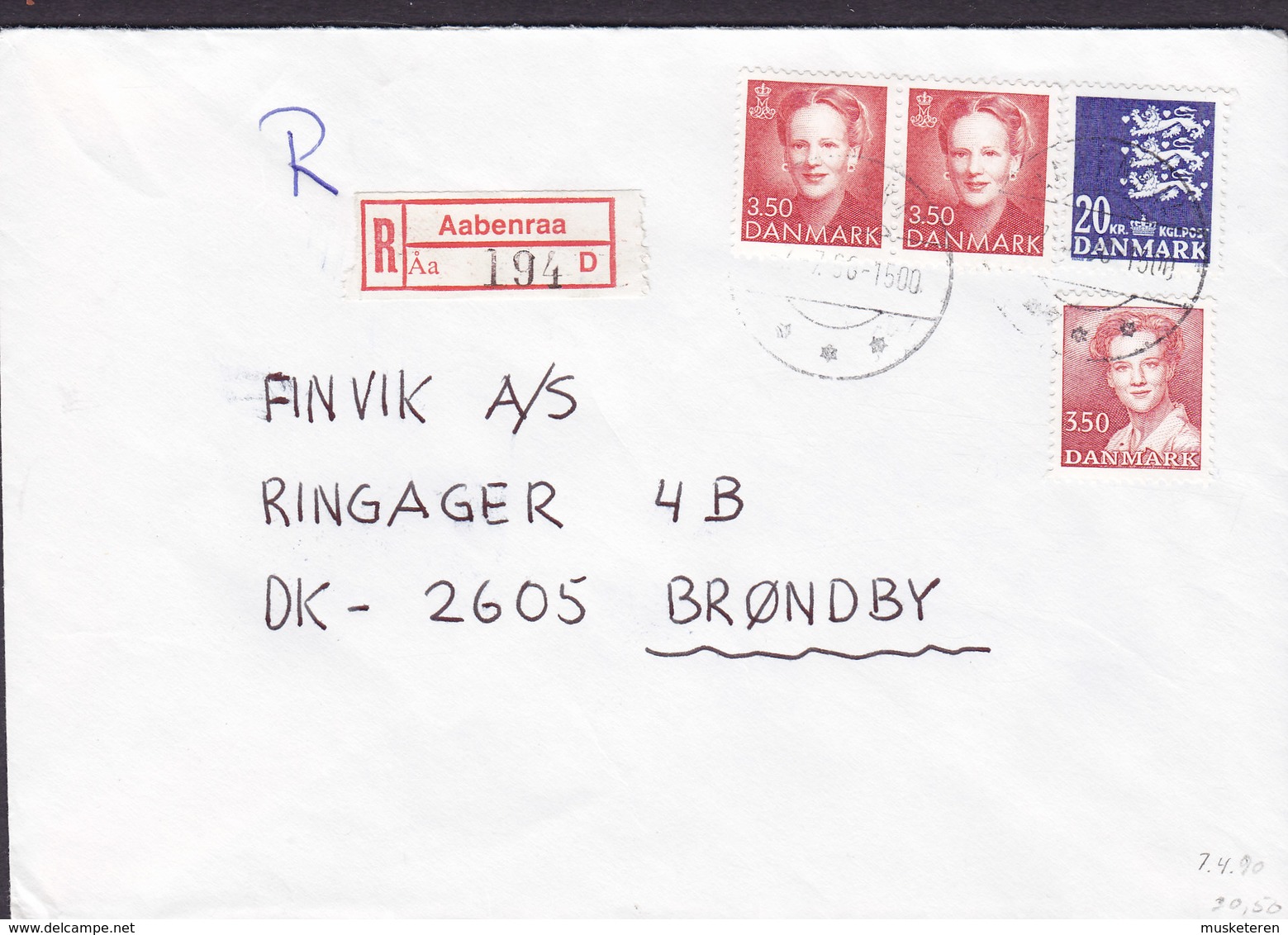 Denmark Registered Einschreiben Label AABENRAA Brotype IId 1990 Cover Brief BRØNDBY (Cz. Slania) - Briefe U. Dokumente