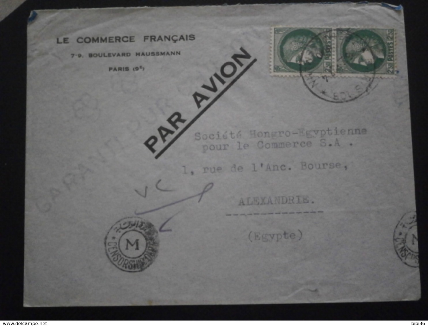 FRANCE TIMBRE CERES 375 LETTRE ENVELOPPE ENV COURRIER ALEXANDRIE EGYPTE CACHET CENSURE TARIF DESTINATION GUERRE AVION - WW II