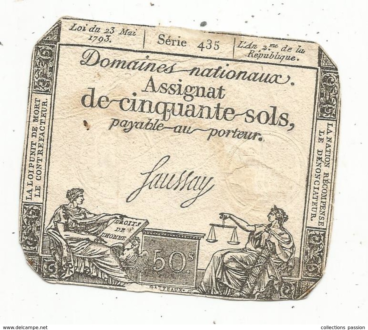 JC , Assignat De Cinquante Sols ,l'an 2 Eme De La République , Série 435 ,loi Du 23 Mai1793 , Faussay - Assignats