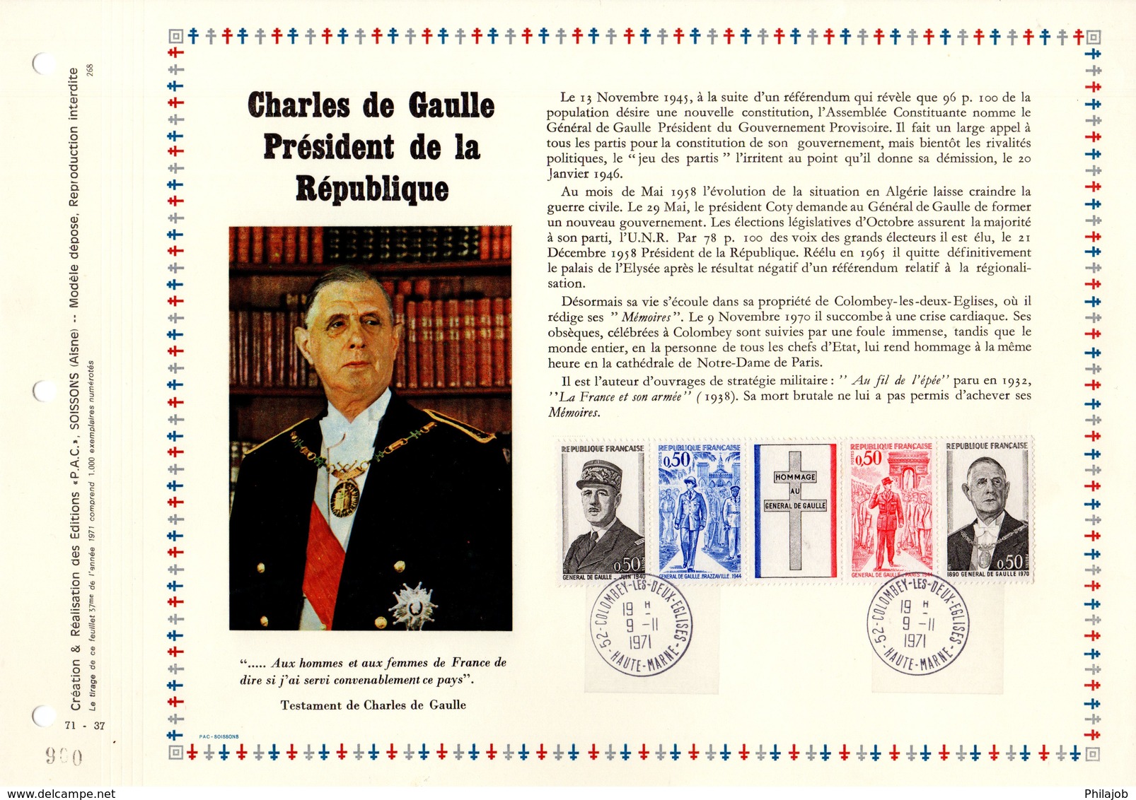 &#9989; RRR 1000 Ex. " CHARLES DE GAULLE " Sur PAC 1° Jour N°té RARE De 1971. N° YT 1698A  Parfait état. FDC - De Gaulle (General)