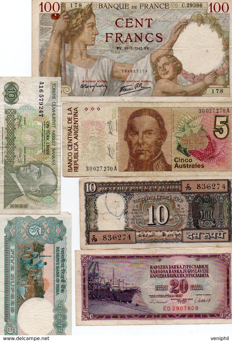 LOT DE 6 BILLETS DIVERS -FRANCE -TURQUIE-INDE-ARGENTINE-YOUGOSLAVIE - - Mezclas - Billetes