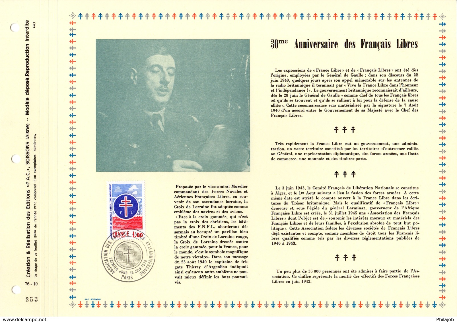 " CHARLES DE GAULLE / 30 ANS DES FRANCAIS LIBRES " Sur PAC 1er Jour De 1976 (1500 Ex.). N° YT 1885  Parfait état. FDC - De Gaulle (General)