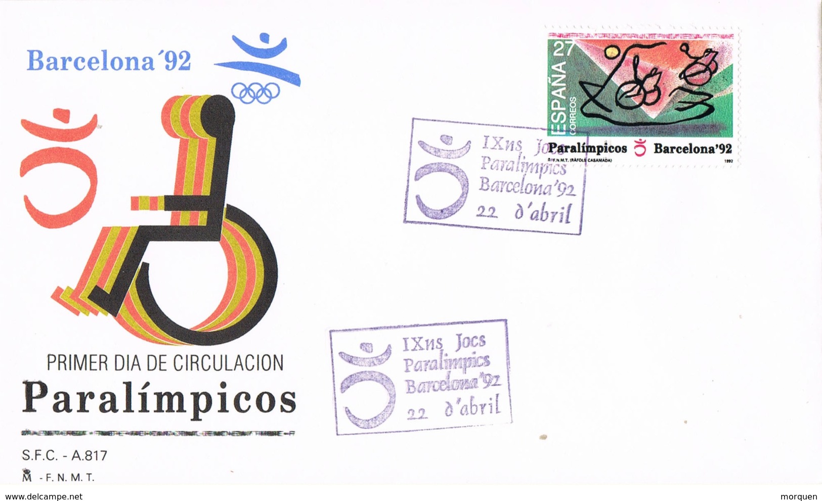 33674. Carta F.D.C. BARCELONA 1992. Juegos PARALIMPICOS. Olympic Games - Cartas & Documentos