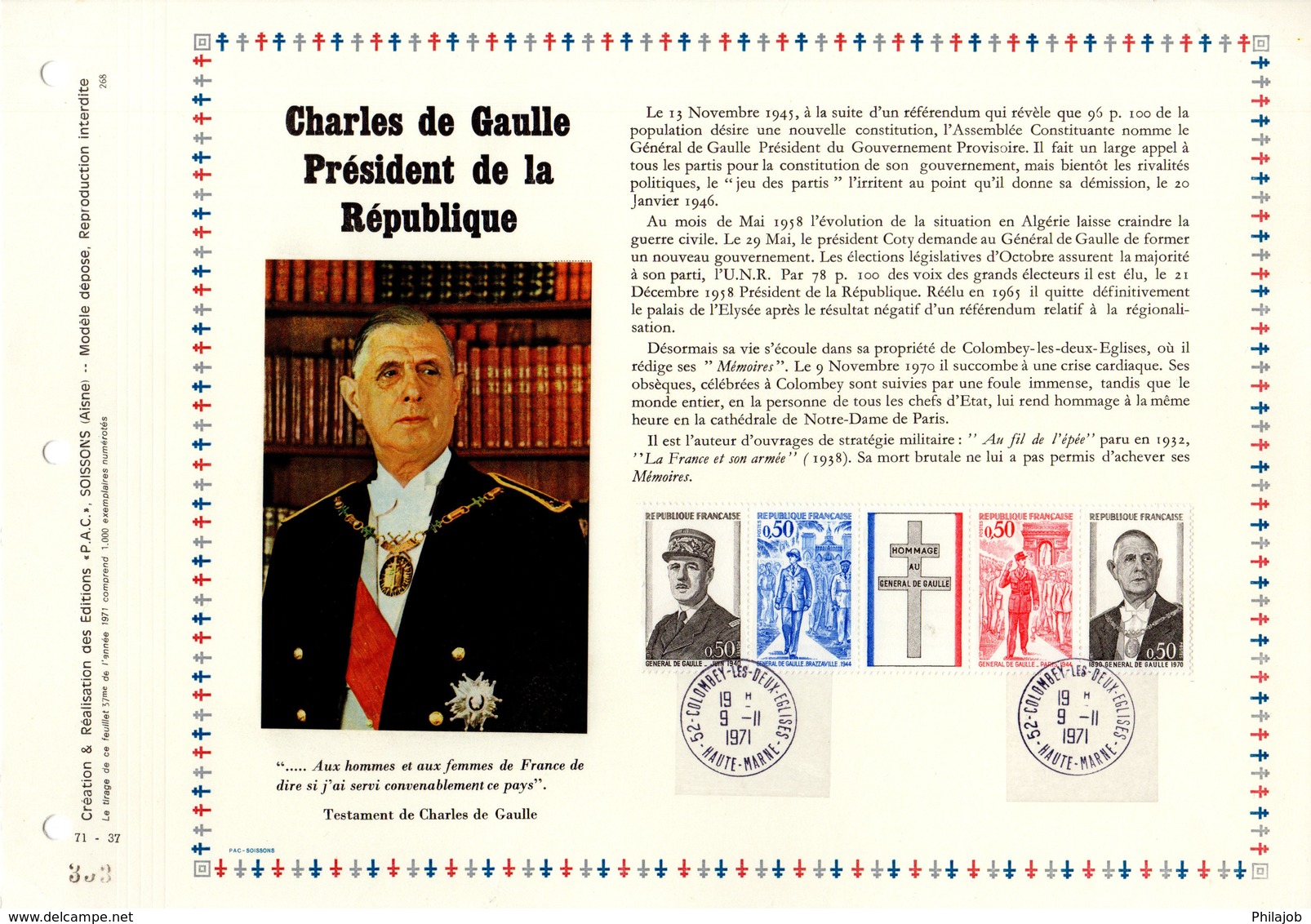 " CHARLES DE GAULLE " Sur PAC 1° Jour N°té RARE (1000 Ex.) De 1971 . N° YT 1698A  Parfait état. FDC - Non Classés