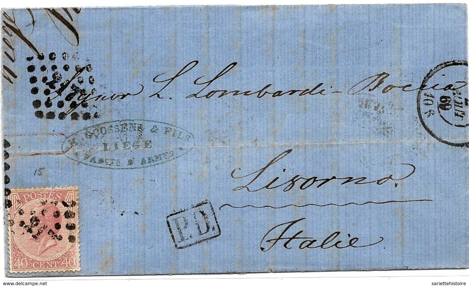 SH 0034. N° 20 LP 217/LIEGE S:LAC 1869 V. LIVOURNE (IT.). LP Répété En Haut - Dos Obl. Lacustre NATANTE COLICO-COMO - 1865-1866 Profilo Sinistro